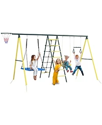 Outsunny Metal Swing Set for Backyard, 5 in 1 Design for Ages 3-8, Yellow