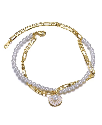 14K Gold Plated Double Layer Pearl and Shell Charm Anklet