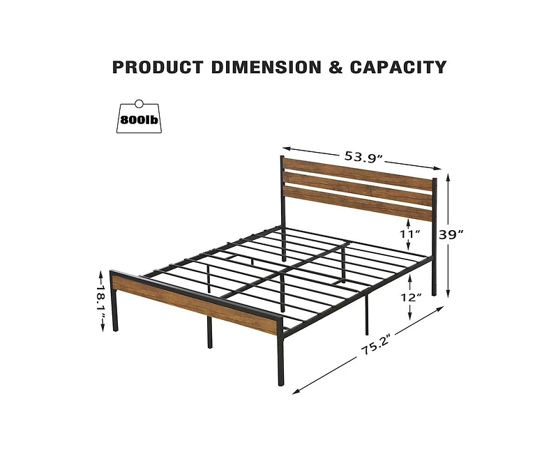 gaomon Queen Size Platform Bed Frame with Rustic Wood Headboard, Bed Frame with Sturdy Metal Slats Support, Under Bed Storage, No Box Spring Needed, E