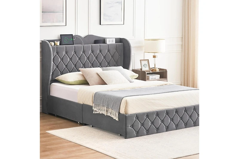 gaomon Upholstered Velvet Bed Frame With 4 Storage Drawers and Charging Station, Button Tufted Platform Bed With Wingback Headboard Shelf, Heavy Duty,