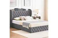 gaomon Upholstered Velvet Bed Frame With 4 Storage Drawers and Charging Station, Button Tufted Platform Bed With Wingback Headboard Shelf, Heavy Duty,