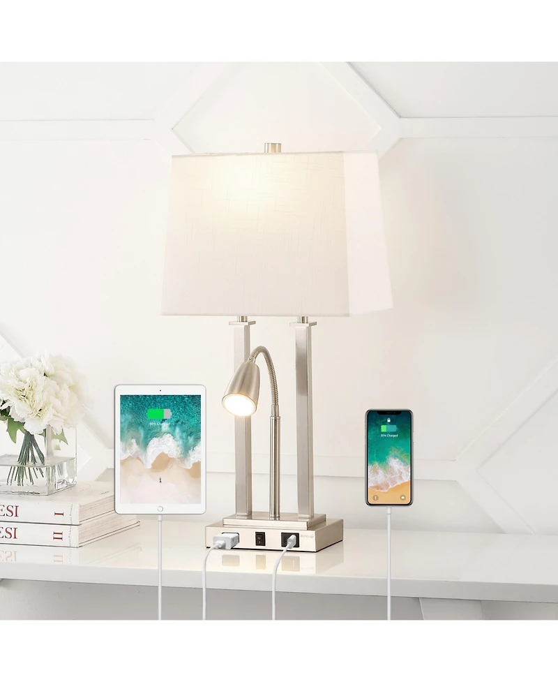 Jonathan Y Blaire 23.75" 2-Light Modern Farmhouse Metal Led Table Lamp with Usb Charging port, Adjustable Reading Light and Ac Outlet, Oil Rubbed Bron