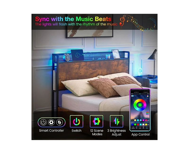 gaomon Queen Bed Frame with Led Lights and Usb Charging Ports Headboard