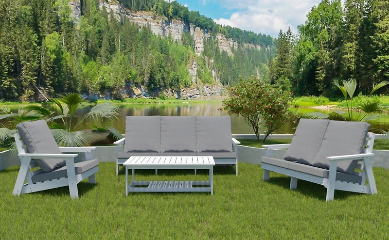 Streamdale Loveseat with Cushion, Wood Grain Outdoor Garden Sofa, White/Grey
