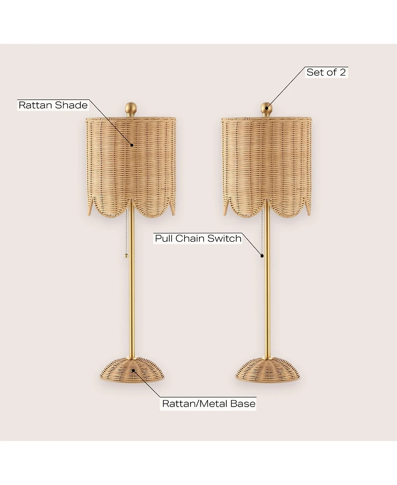 Jonathan Y Celerie 27.5" Coastal Bohemian Rattan/Iron Scalloped Buffet Led Table Lamp with Pull Chain, Natural/Brass Gold (Set of 2)