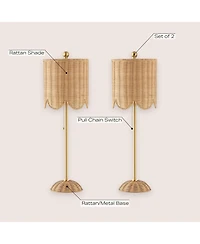 Jonathan Y Celerie 27.5" Coastal Bohemian Rattan/Iron Scalloped Buffet Led Table Lamp with Pull Chain, Natural/Brass Gold (Set of 2)
