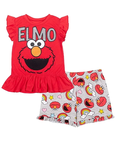 Sesame Street Little Girls Elmo Peplum T-Shirt and French Terry Shorts Outfit Set