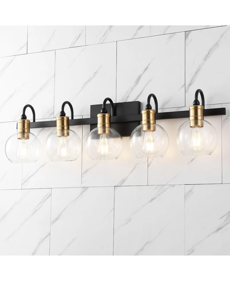 Jonathan Y Marais 36.5" 5-Light Iron/Glass Rustic Vintage Led Vanity Light, Black/Brass Gold