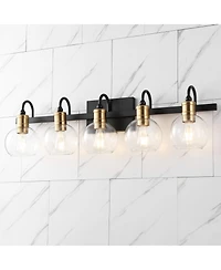 Jonathan Y Marais 36.5" 5-Light Iron/Glass Rustic Vintage Led Vanity Light, Black/Brass Gold