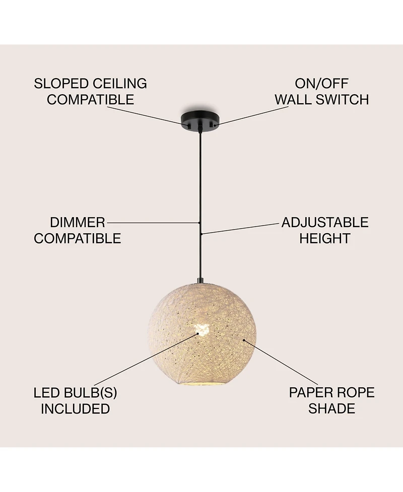 Jonathan Y Lacey 12" 1-Light Bohemian Minimalist Iron/Rope Woven Globe Led Pendant, White/Black