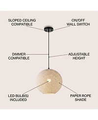 Jonathan Y Lacey 12" 1-Light Bohemian Minimalist Iron/Rope Woven Globe Led Pendant, White/Black