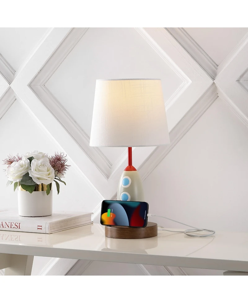 Jonathan Y Houston 17.5" Coastal Style Iron/Resin Rocket Led Kids' Table Lamp with Phone Stand and Usb Charging Port, Multi-Color