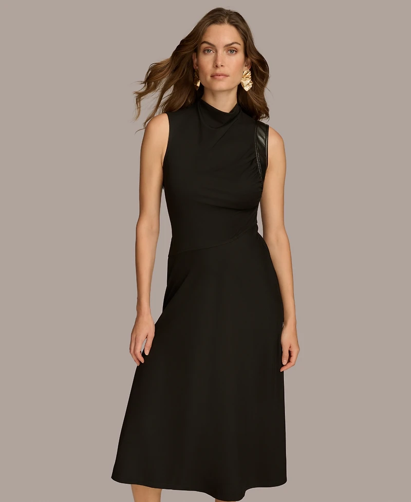 Donna Karan New York Women's Mock-Neck Faux-Leather-Trim Dress