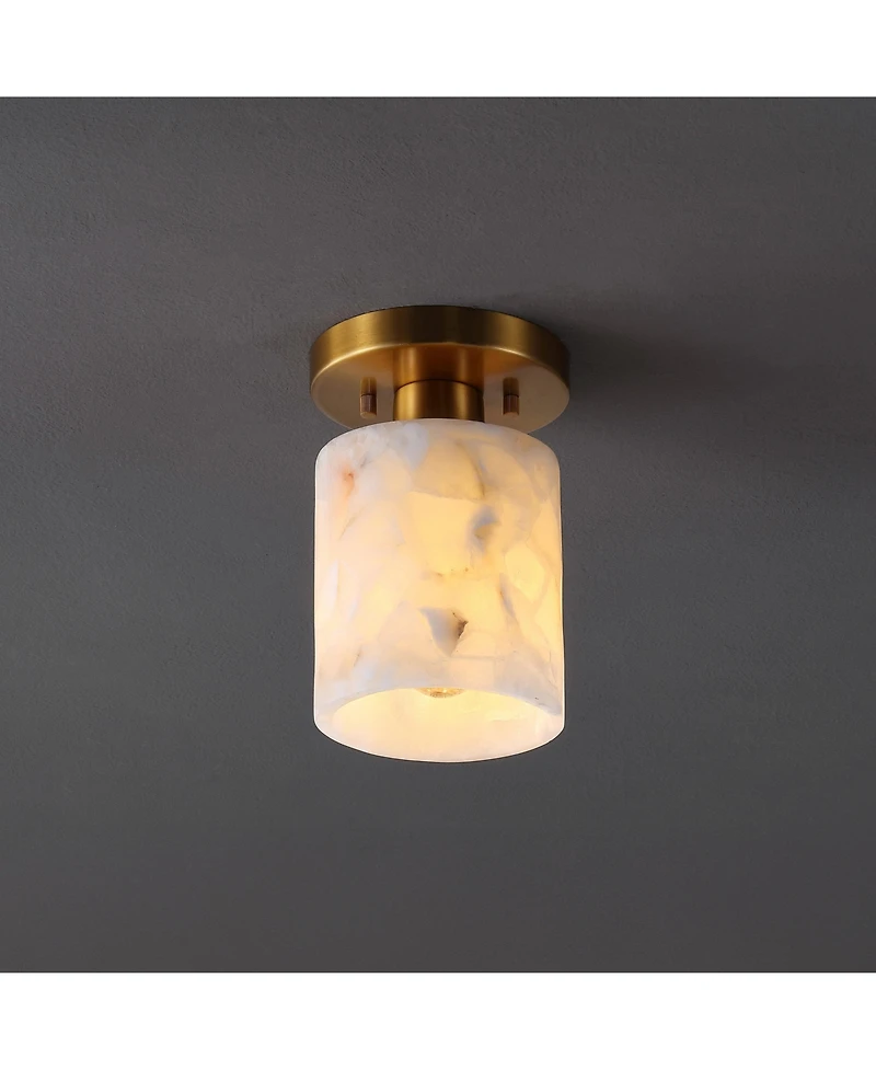 Jonathan Y Jules 5.13" 1-Light Modern Contemporary Alabaster/Iron Cylinder Led Semi Flush Mount, White Marbling/Brass Gold