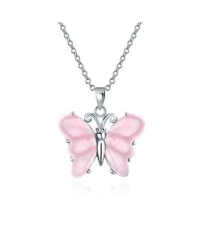 Bling Jewelry Handcrafted Carved Light Pink Natural Rose Quartz Translucent Garden Butterfly Pendant Necklace For Women Sterling Silver With Chain