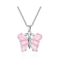 Bling Jewelry Handcrafted Carved Light Pink Natural Rose Quartz Translucent Garden Butterfly Pendant Necklace For Women Sterling Silver With Chain