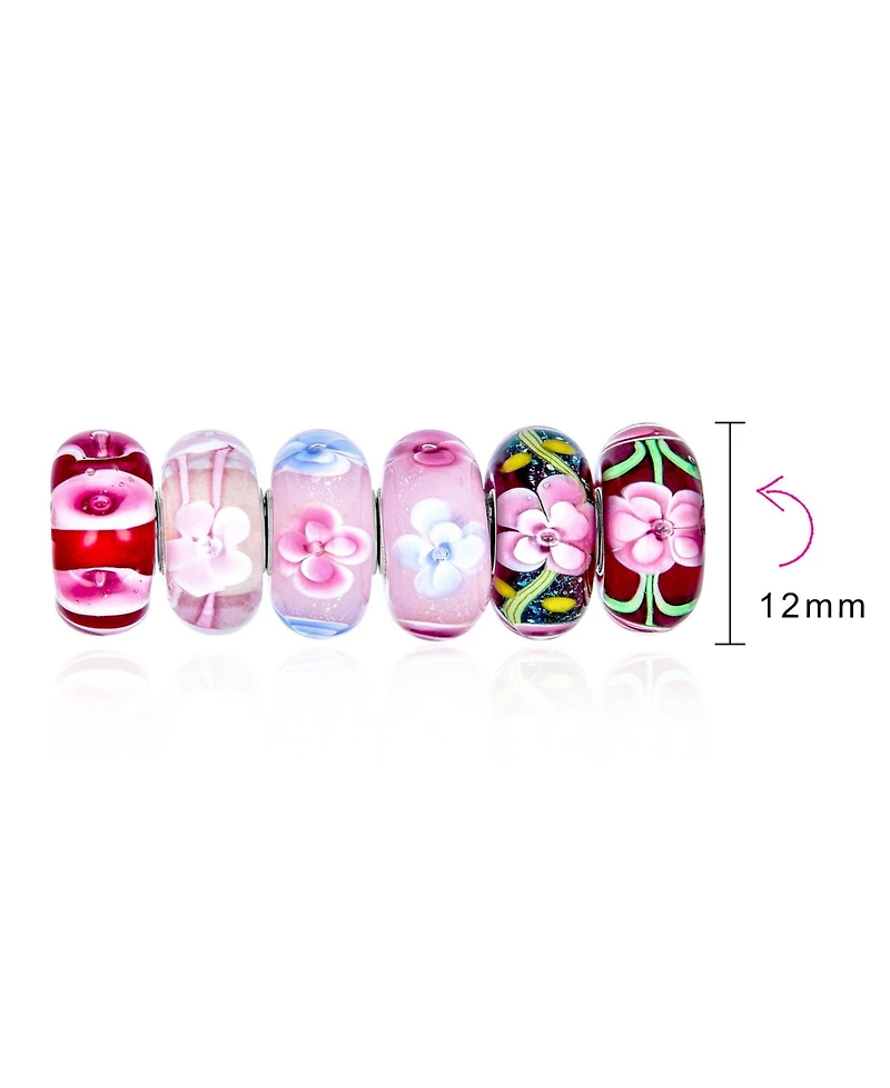 Bling Jewelry Mixed Set Of 6 Bundle .925 Sterling Silver Core Translucent Shades Of Red Pink Flower Rose Floral Murano Glass Charm Bead Spacer Fits Eu