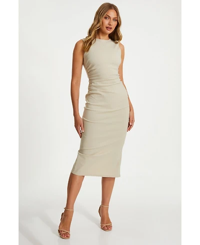 Quiz Women's Bengaline Round Neck Ruched Waist Midi Dress