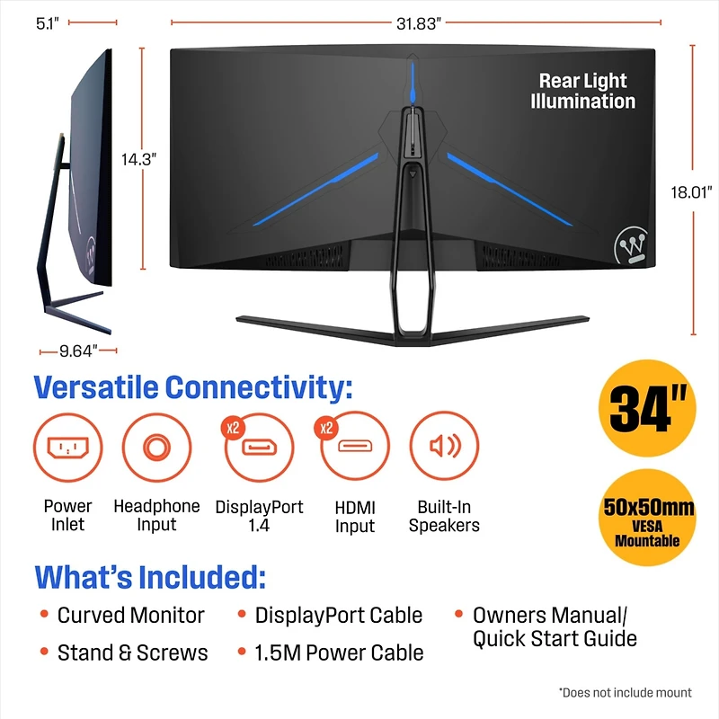 Westinghouse 34 Inch Curved Ultrawide Gaming Monitor, 180Hz, Amd FreeSync Support, Low Motion Blur, 1500R Curve, 3440 x 1440, for Pc Games with Built