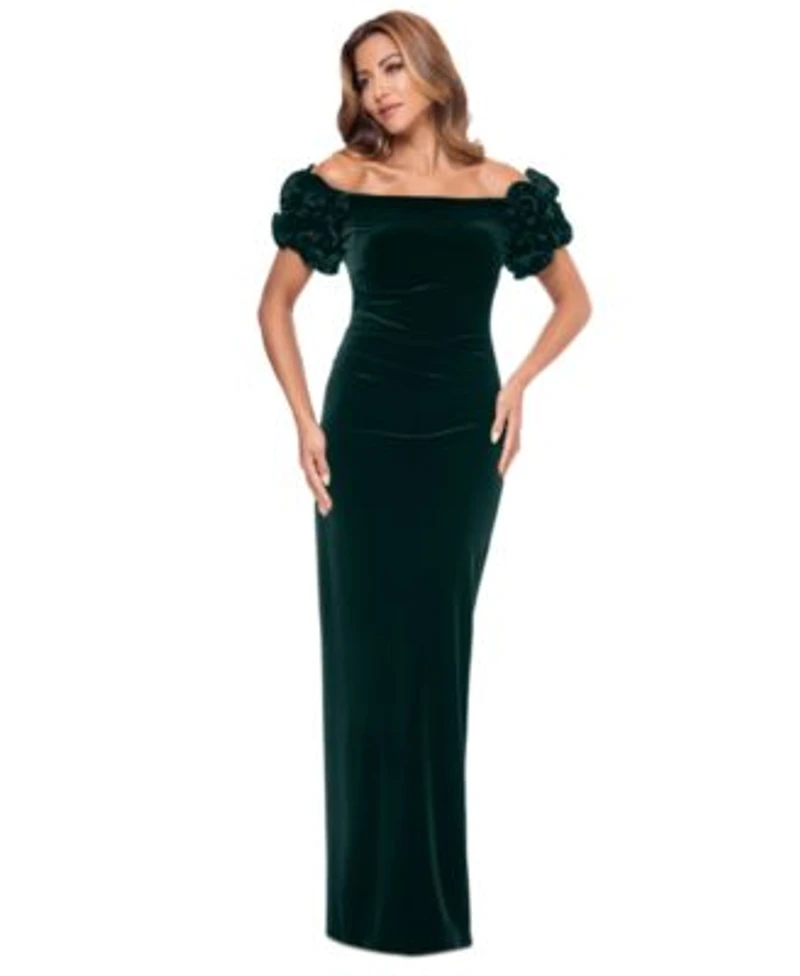 Xscape Womens Off The Shoulder Ruffled Velvet Gown 2p 16