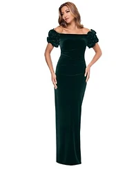 Xscape Womens Off The Shoulder Ruffled Velvet Gown 2p 16