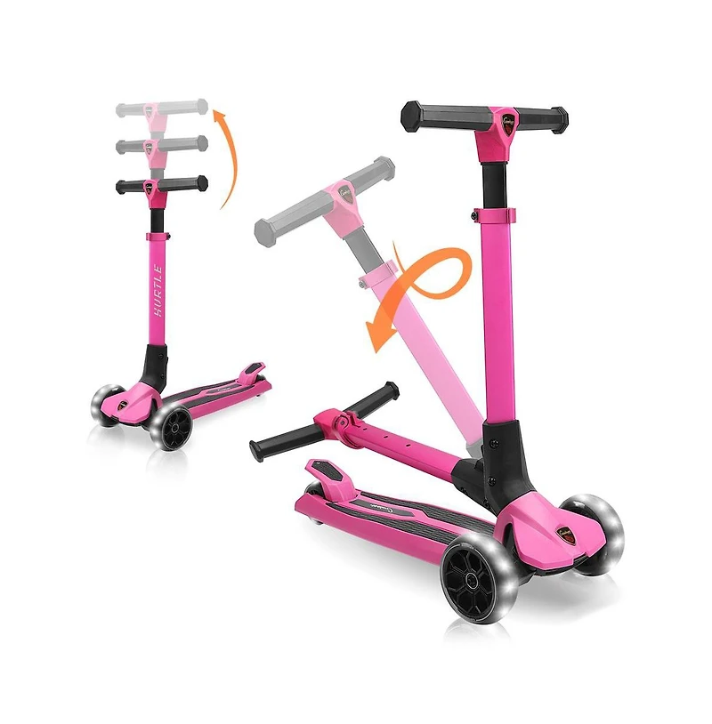 Hurtle 3-Wheel Foldable Kids Scooter - Child Toy Scooter with Built-in Led Wheel Lights, Easy Maneuvering Lean-to-Steer Technology (Pink)