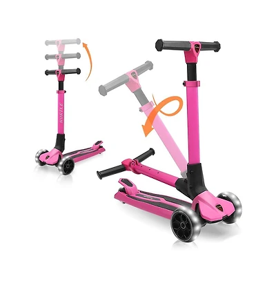 Hurtle 3-Wheel Foldable Kids Scooter - Child Toy Scooter with Built-in Led Wheel Lights, Easy Maneuvering Lean-to-Steer Technology (Pink)