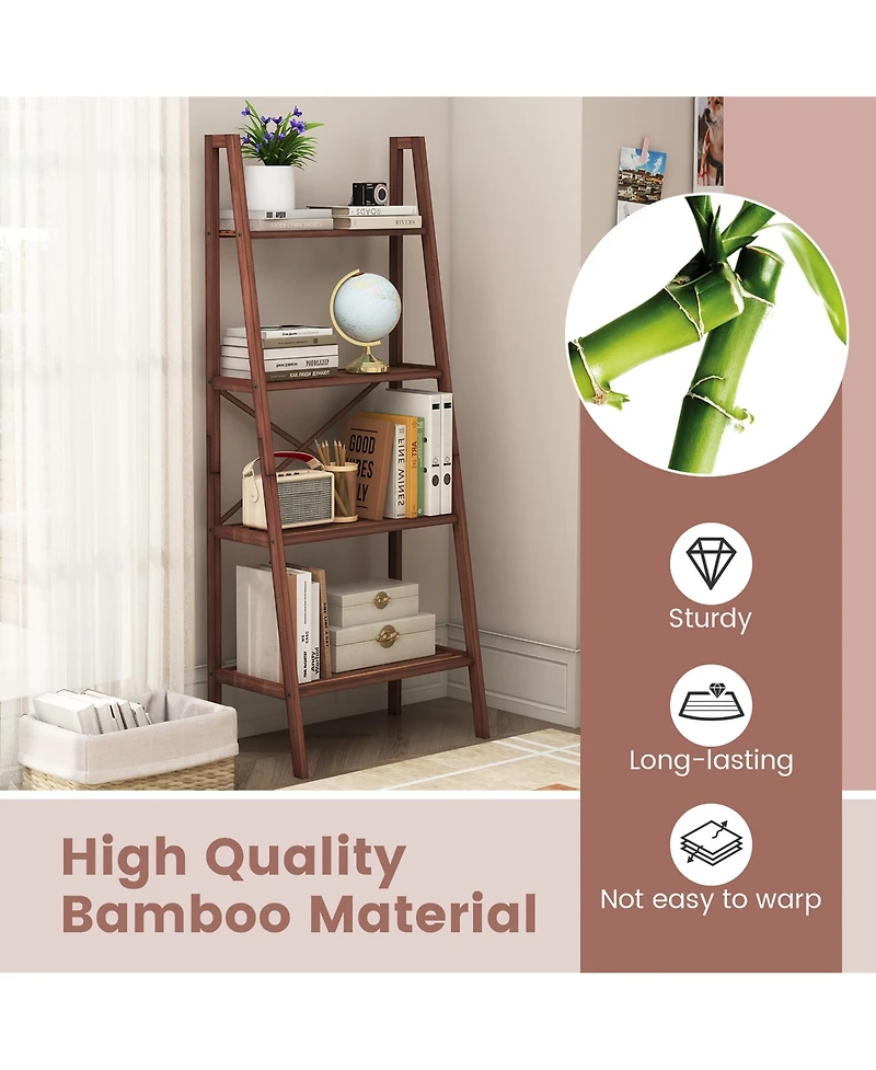 Gymax 4-Tier Bamboo Ladder Bookshelf 58'' Display Shelf Storage Rack Plant Flower Stand