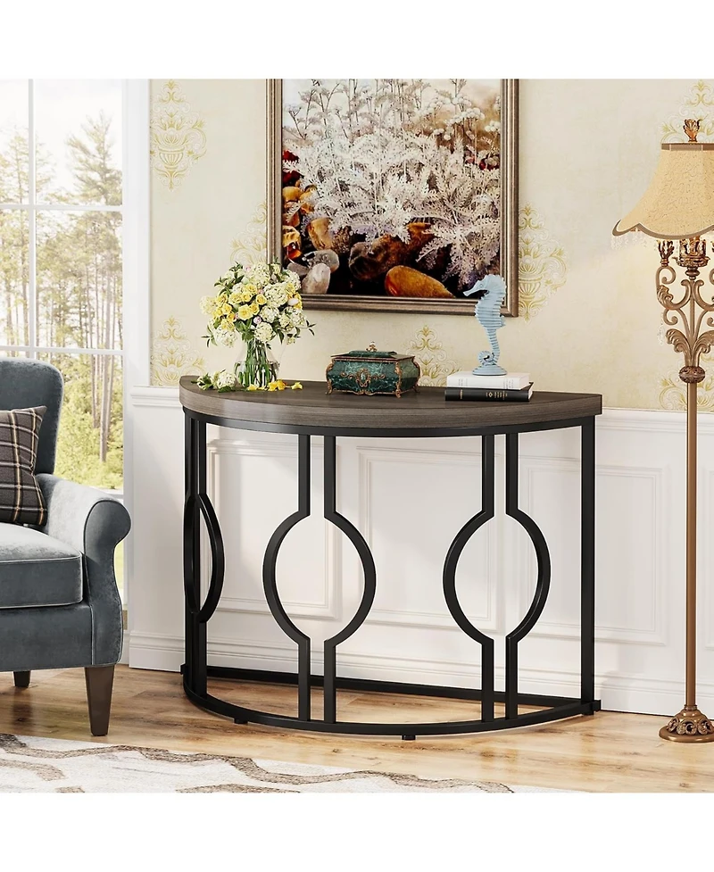 Tribesigns Half Moon Console Table for Entryway, 43 Inch Industrial Semi Circle Sofa with Geometric Base, Wood Accent Living Room, Hal