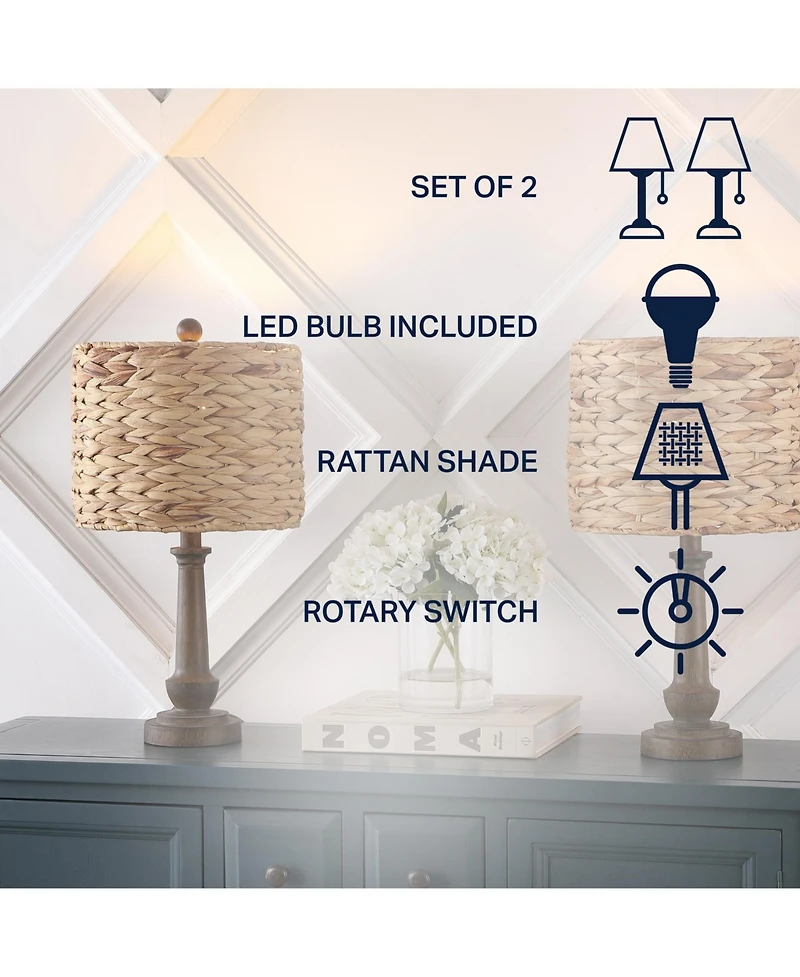 Jonathan Y Leona 21.25" Rustic Farmhouse Handwoven Water Hyacinth/Resin Led Table Lamp, Brown Wood Finish (Set of 2)