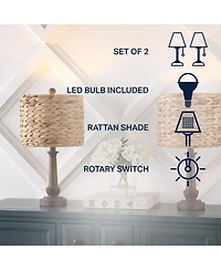 Jonathan Y Leona 21.25" Rustic Farmhouse Handwoven Water Hyacinth/Resin Led Table Lamp, Brown Wood Finish (Set of 2)
