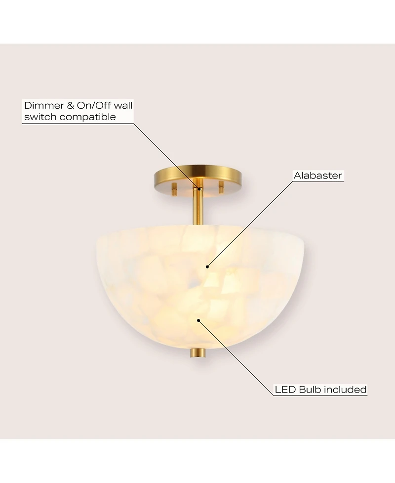 Jonathan Y Celine 11.88" 2-Light Modern Contemporary Alabaster/Iron Inverted Dome Led Semi Flush Mount, White Marbling/Brass Gold