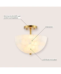 Jonathan Y Celine 11.88" 2-Light Modern Contemporary Alabaster/Iron Inverted Dome Led Semi Flush Mount, White Marbling/Brass Gold
