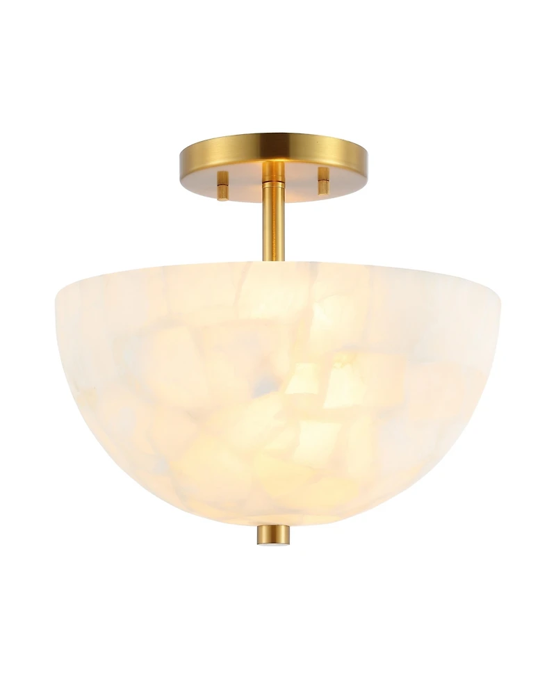 Jonathan Y Celine 11.88" 2-Light Modern Contemporary Alabaster/Iron Inverted Dome Led Semi Flush Mount, White Marbling/Brass Gold