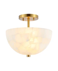 Jonathan Y Celine 11.88" 2-Light Modern Contemporary Alabaster/Iron Inverted Dome Led Semi Flush Mount, White Marbling/Brass Gold