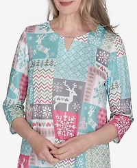 Alfred Dunner Petite Classics Reindeer Patch Work Top