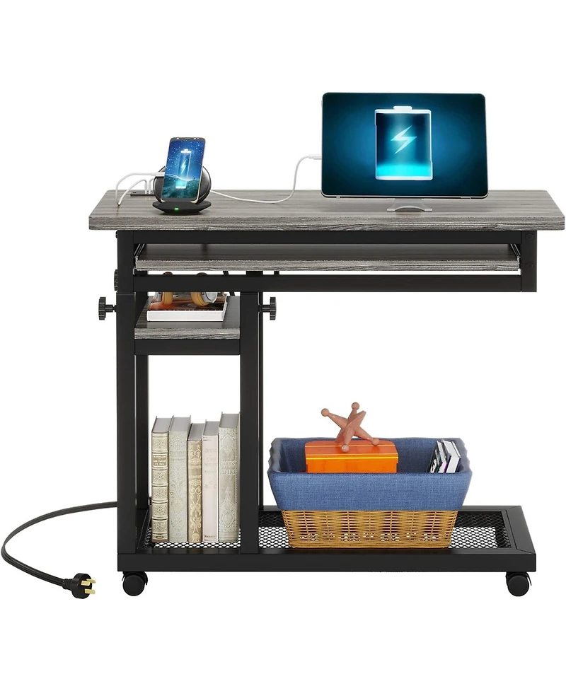 Tribesigns Small Portable Desk with Power Outlet, Height Adjustable Sofa Couch Bedside Laptop Table Wheels, Mobile Standing Rolling Computer