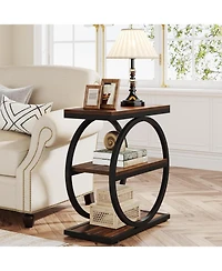 Tribesigns End Table Set of 2, Narrow with 3 Storage Shelves, Wooden Nightstand Metal Frame, Small Sofa Side