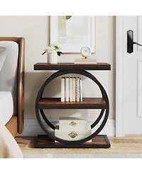 Tribesigns End Table Set of 2, Narrow with 3 Storage Shelves, Wooden Nightstand Metal Frame, Small Sofa Side
