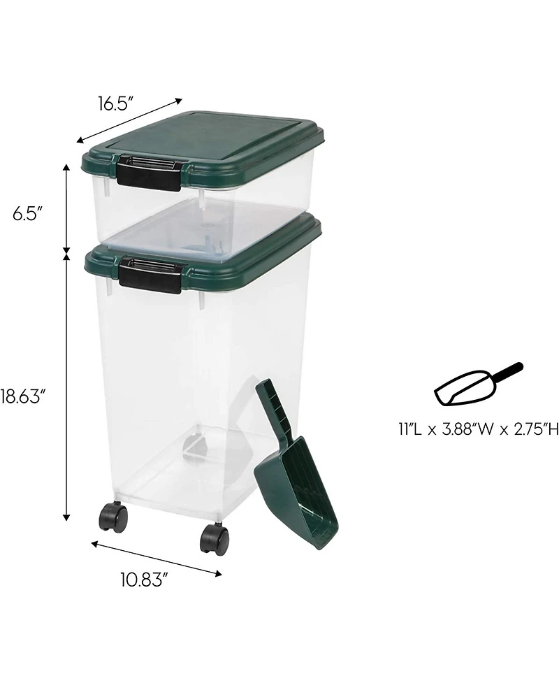 Iris Usa 30 lbs & 11 lbs Combo Airtight Dog Food Storage Container, Stackable Treat Box, 2-Cup Scoop, Casters, Keep Fresh, Easy Mobility, Green