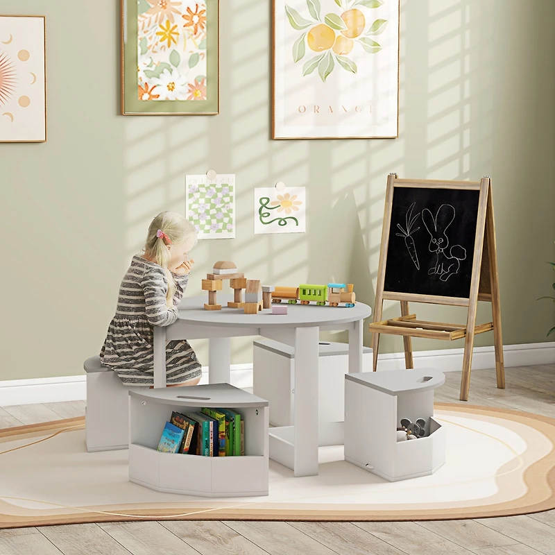Qaba 5 Piece Kids Table and Chairs Set with Storage for Activities, Gray