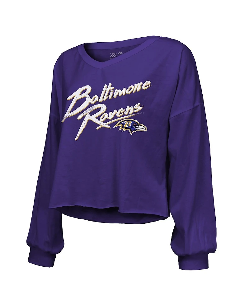 Majestic Women's Derrick Henry Purple Baltimore Ravens Name Number Off-Shoulder Script Cropped Long Sleeve V-Neck T-Shirt