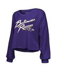 Majestic Women's Derrick Henry Purple Baltimore Ravens Name Number Off-Shoulder Script Cropped Long Sleeve V-Neck T-Shirt