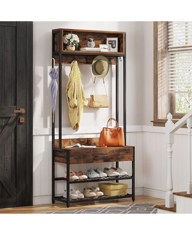 Tribesigns 3-in-1 Entryway Hall Tree with Drawer, Vintage Industrial Coat Rack with Shoe Bench and Hutch, Mudroom Bench with Shoe Storage rack and 9 H