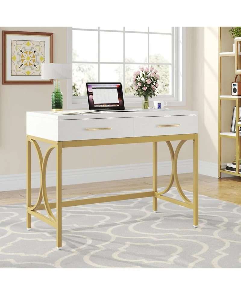 Tribesigns Computer Desk with Two Drawers, Modern Study Writing Desk with Storage, Makeup Vanity Table Office Desk with Gold Metal Frame for Home Offi