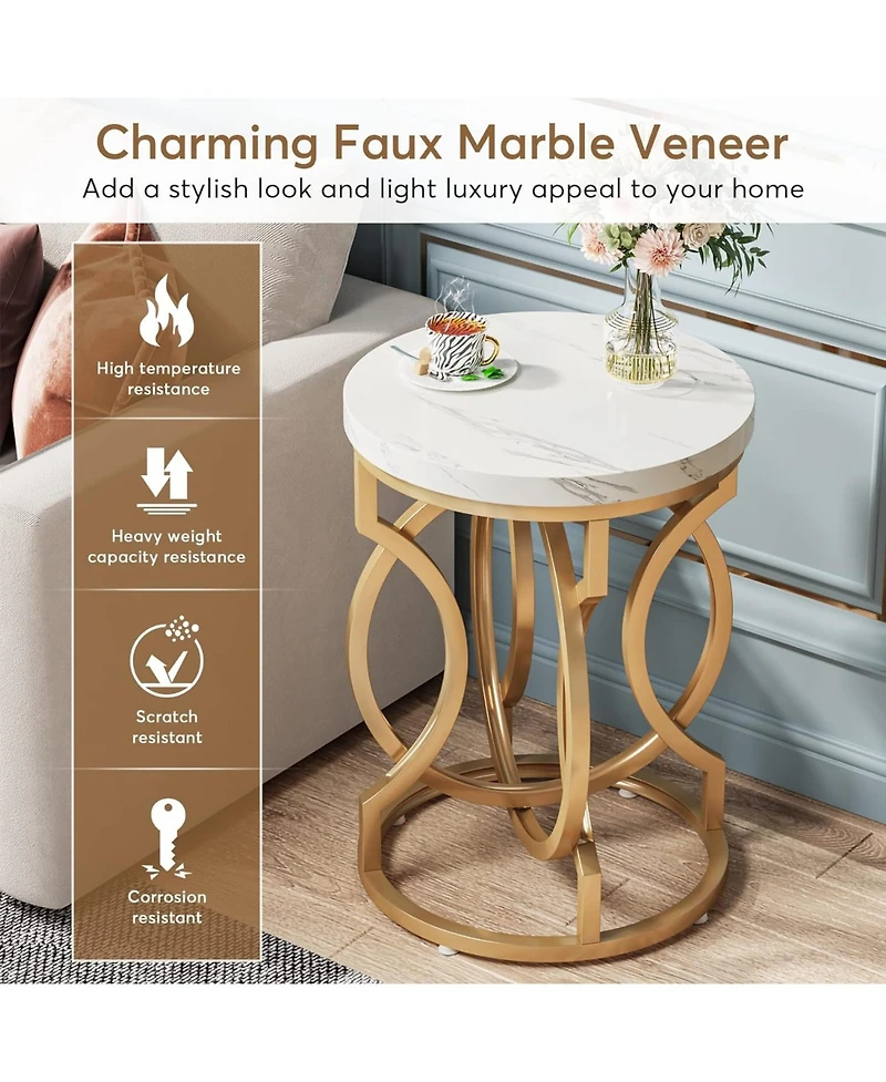 Tribesigns Round End Table, Multifunctional Accent Table Small Side Table for Living Room, Modern White Gold Nightstand with Faux Marble Tabletop, Bed
