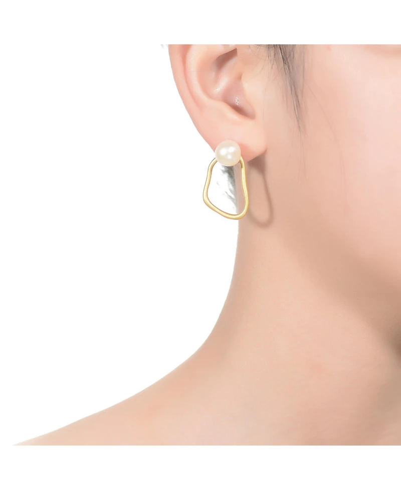 Sterling Silver Gold Plated with Genuine Freshwater Round Pearl Drop Earrings