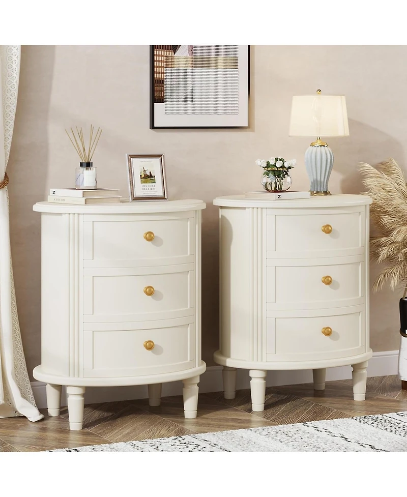Tribesigns 3-Drawer Nightstand Set of 2, Fully Assembled Oval Bed Side Table for Bedroom, Wooden Night Stand with Storage, Beige White