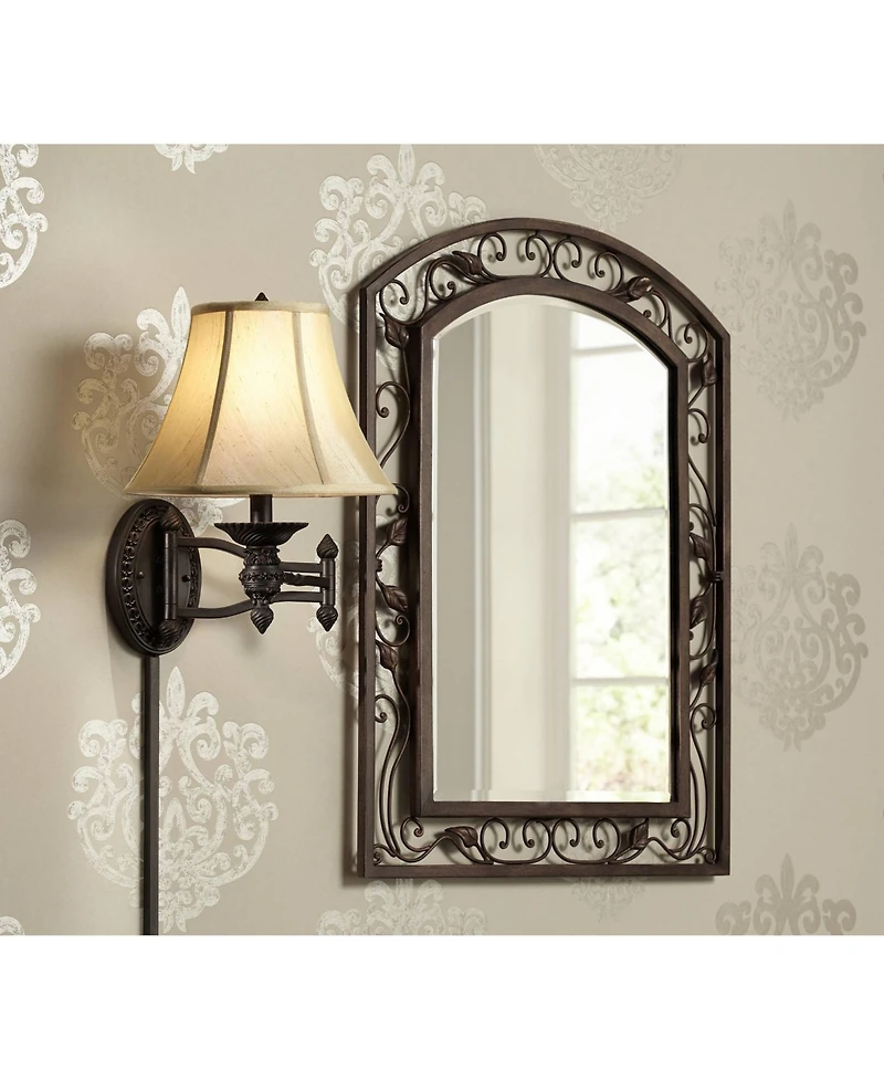 Barnes and Ivy Swing Arm Wall Lamp Bronze Plug-In Light Fixture Beige Softback Bell Shade for Bedroom Bedside Living Room Reading