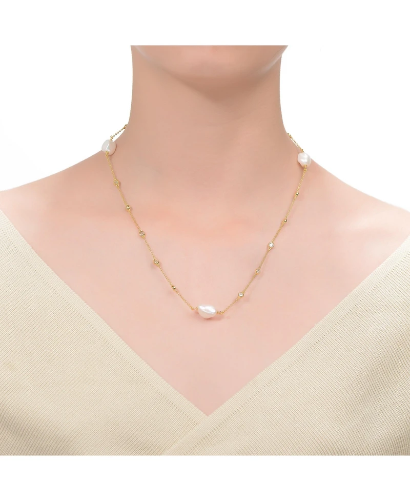 Sterling Silver 14k Yellow Gold Plated Baroque Pearl Bead Station Necklace, Adjustable Length